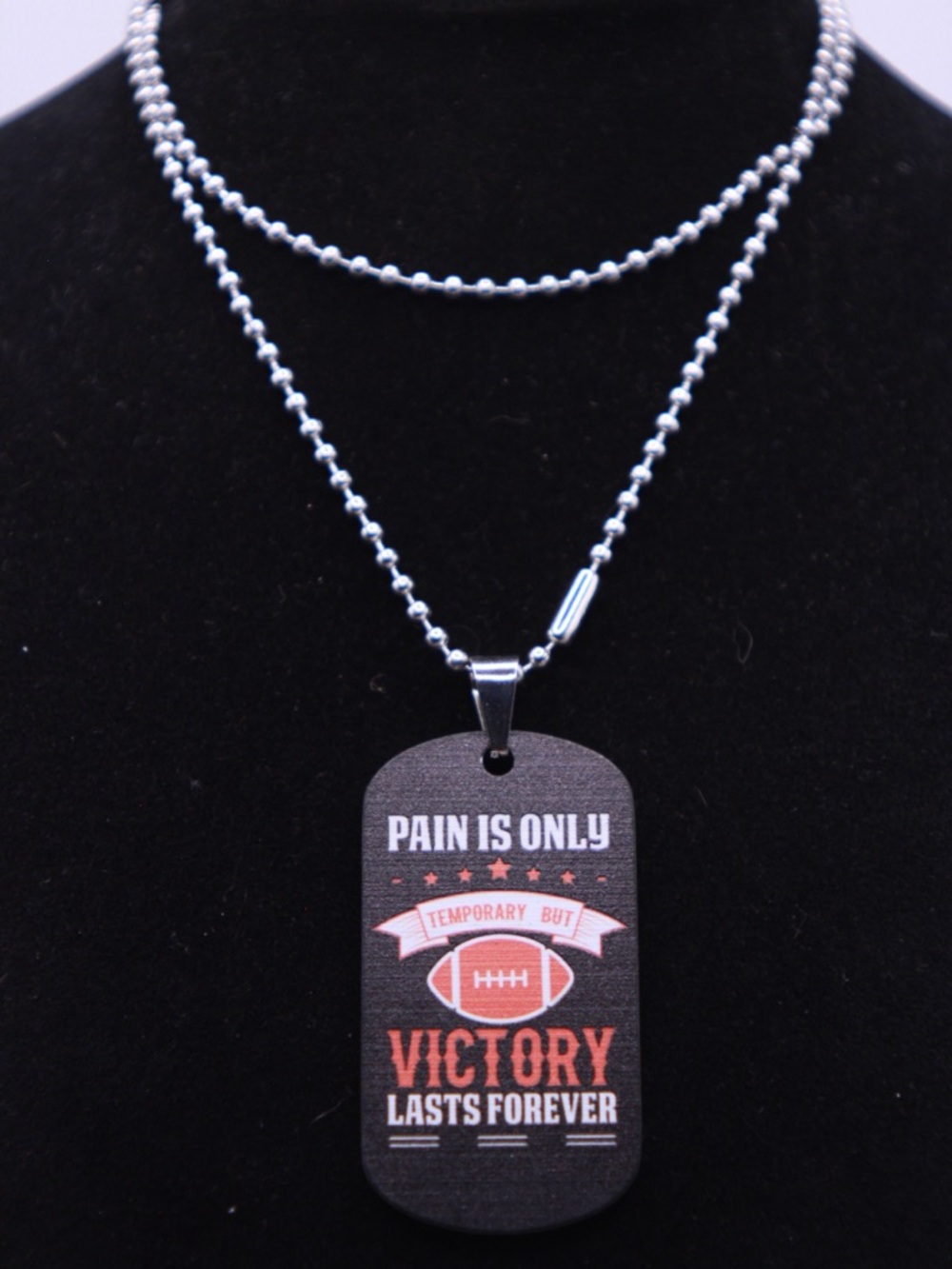 Victory Lasts Forever Football Dog Tag Necklace - Black & Orange 23”